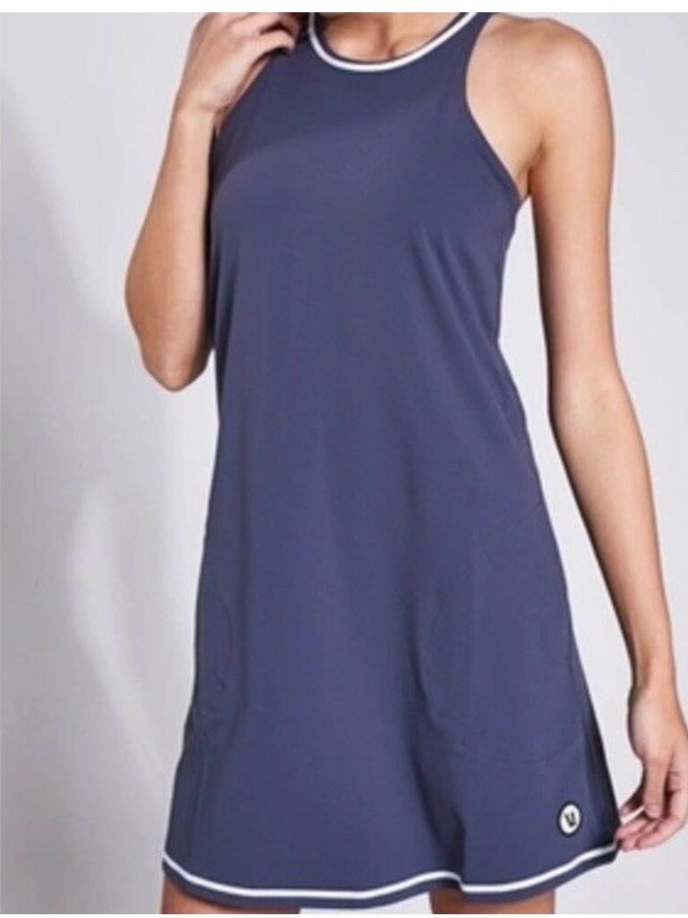 Vuori grey razorback mini dress with white trim size small
